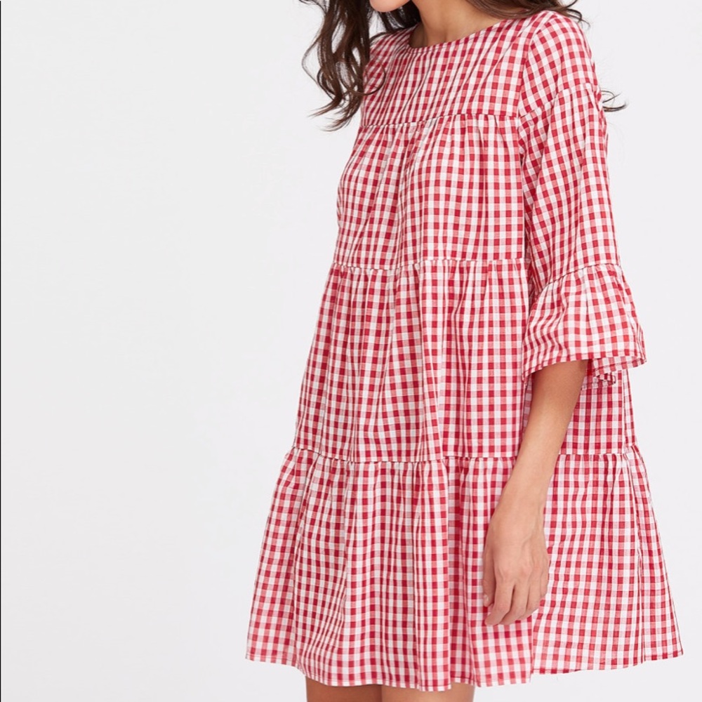 3/4 Sleeve Tiered Gingham Dress
